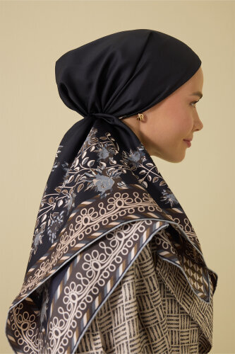 Peony Black-Grey Silk Twill Scarf - 3