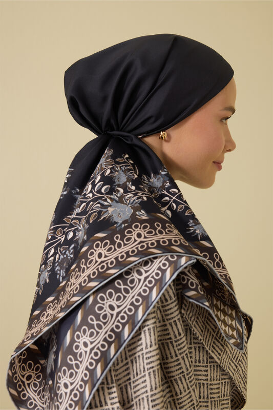 Peony Black-Grey Silk Twill Scarf - 3
