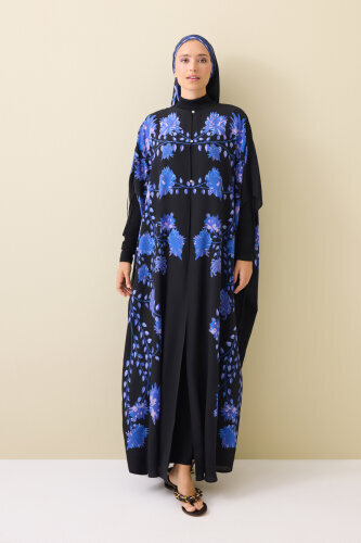 Peony Black-Sax Silk Abaya - Imannoor