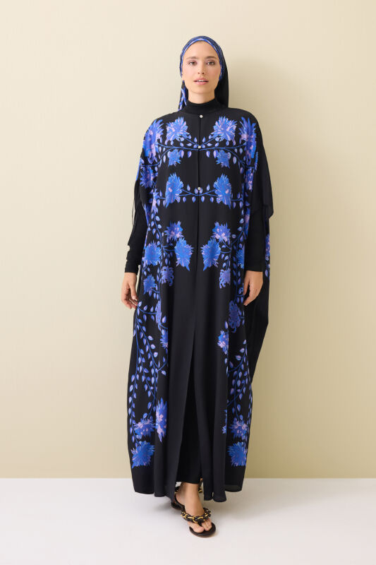 Peony Black-Sax Silk Abaya - 1