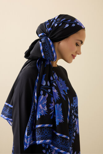 Peony Black-Sax Silk Abaya Shawl 