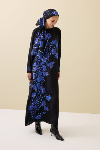 Peony Black-Sax Crepe Silk Dress - 1