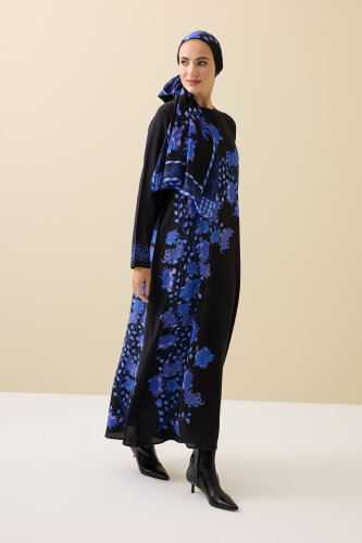 Peony Black-Sax Crepe Silk Dress - 7