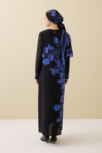 Peony Black-Sax Crepe Silk Dress - 5