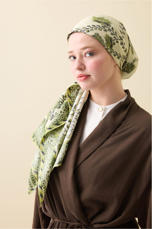 Peony Green Twill Silk Scarf - 3