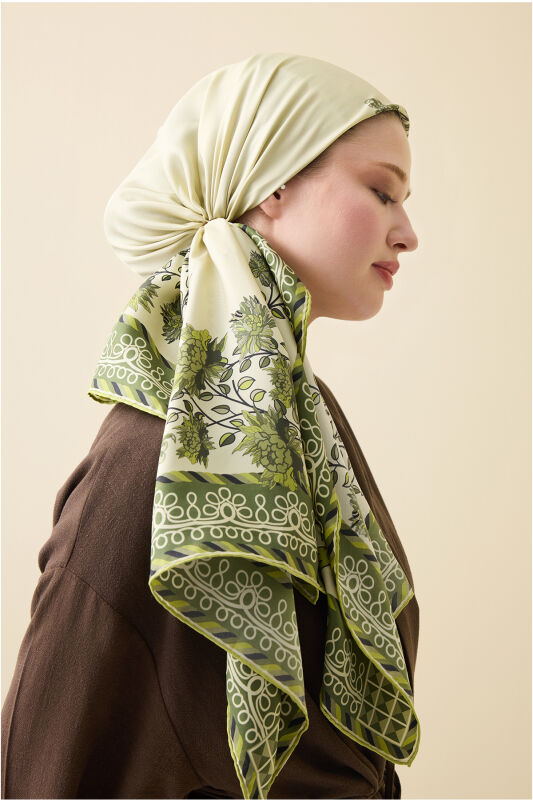 Peony Green Twill Silk Scarf - 1