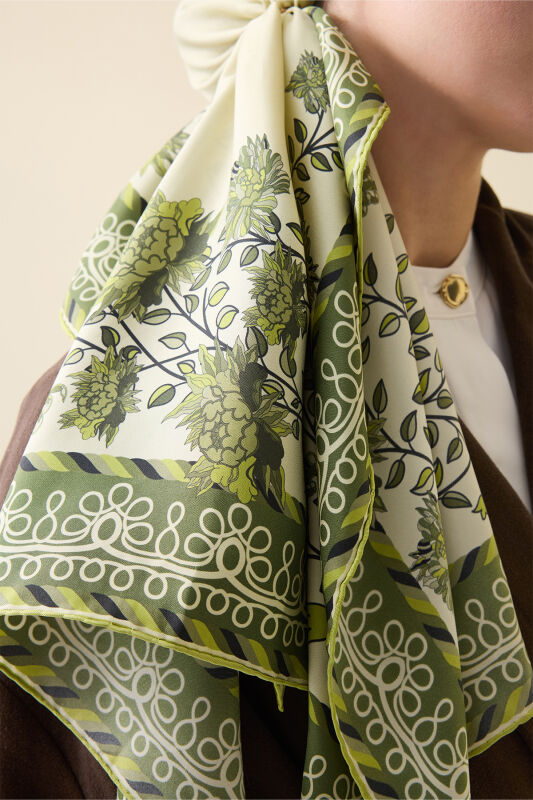 Peony Green Twill Silk Scarf - 5
