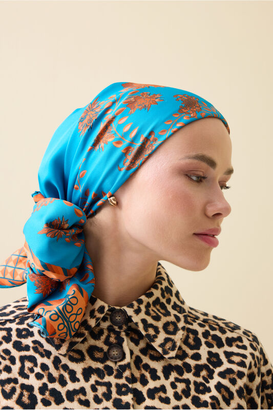 Peony Turquoise Silk Twill Scarf - 5