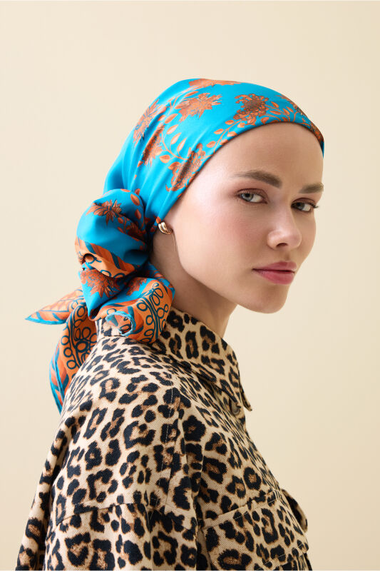 Peony Turquoise Silk Twill Scarf - 1