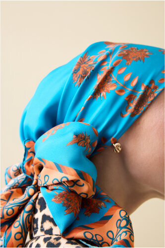 Peony Turquoise Silk Twill Scarf - 6