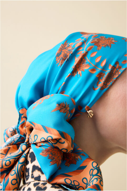 Peony Turquoise Silk Twill Scarf - 6