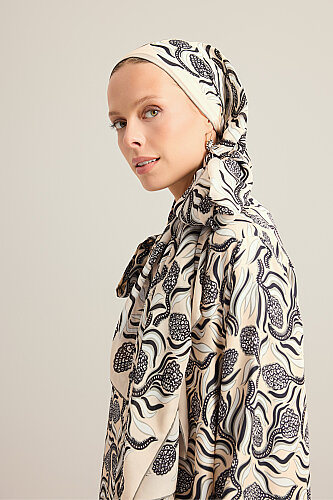 Pine Cone Blossom Cream-Gray Crepe Silk Scarf - 1