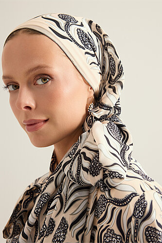 Pine Cone Blossom Cream-Gray Crepe Silk Scarf - 3