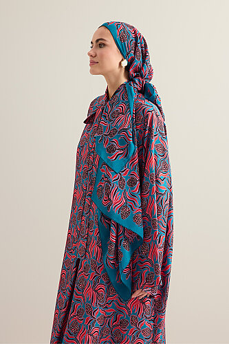 Pine Cone Blossom Red-Petrol Crepe Silk Scarf - 5