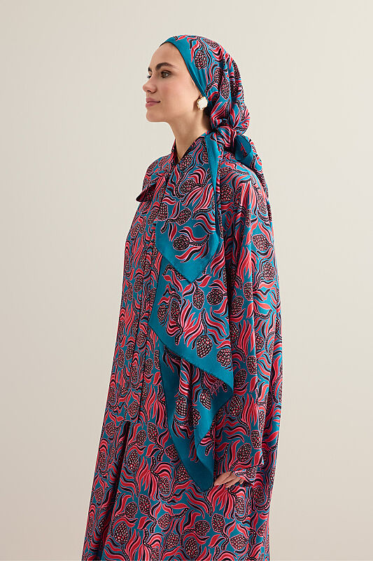 Pine Cone Blossom Red-Petrol Crepe Silk Scarf - 5