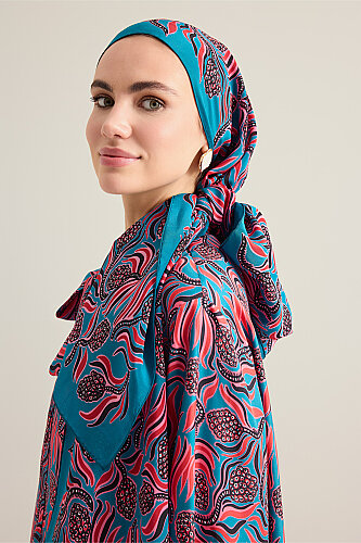 Pine Cone Blossom Red-Petrol Crepe Silk Scarf 