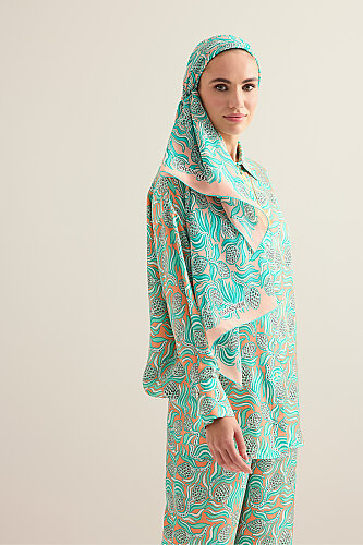 Pine Cone Flower Salmon-Turquoise Crepe Silk Scarf - 5