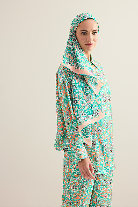 Pine Cone Flower Salmon-Turquoise Crepe Silk Scarf - 5