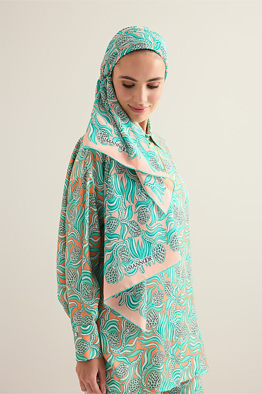 Pine Cone Flower Salmon-Turquoise Crepe Silk Scarf - 3