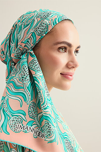 Pine Cone Flower Salmon-Turquoise Crepe Silk Scarf 