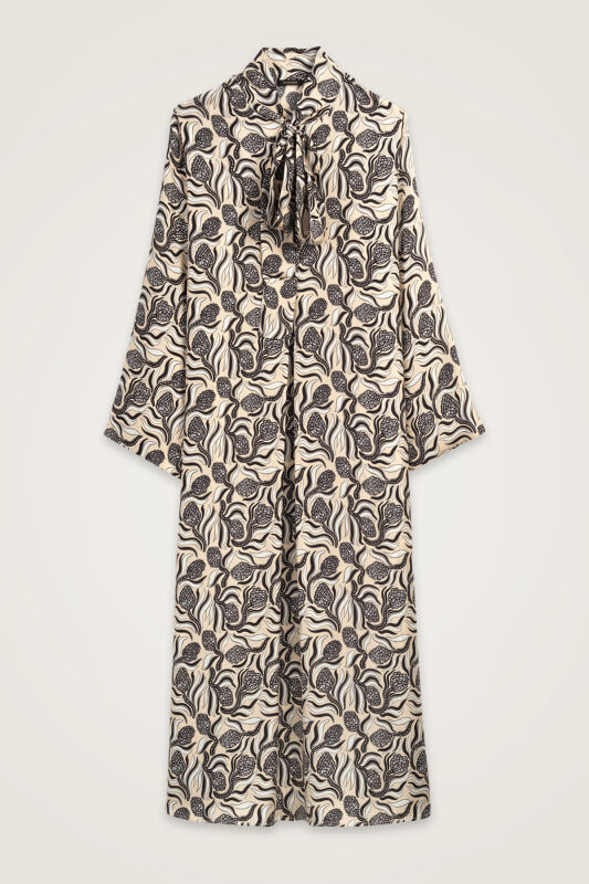 Pinecone Blossom Cream-Gray Neckline Twill Silk Dress - 1