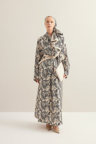 Pinecone Blossom Cream-Gray Neckline Twill Silk Dress - Imannoor