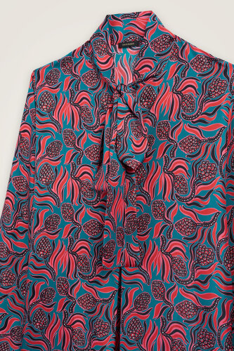 Pinecone Blossom Red-Petrol Neckline Tieback Twill Silk Dress - 4