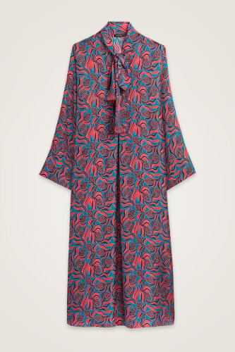 Pinecone Blossom Red-Petrol Neckline Tieback Twill Silk Dress - 1