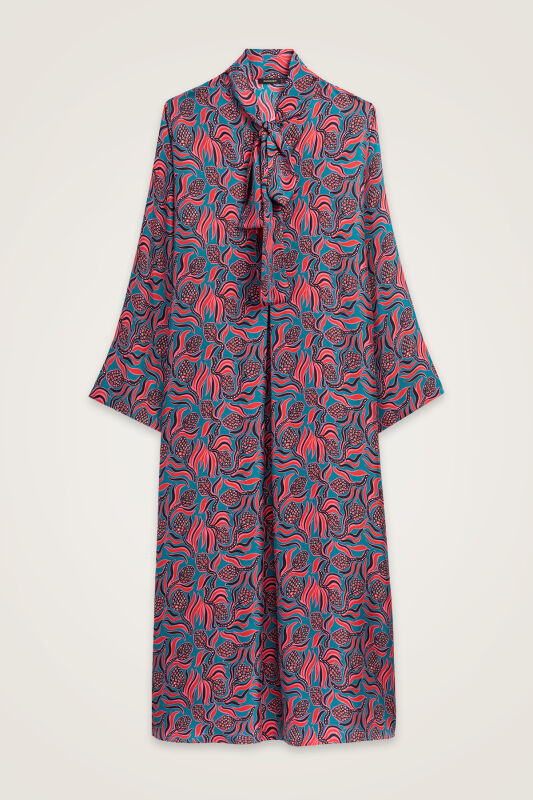 Pinecone Blossom Red-Petrol Neckline Tieback Twill Silk Dress - 1