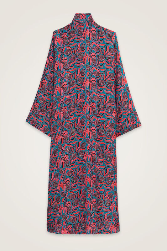 Pinecone Blossom Red-Petrol Neckline Tieback Twill Silk Dress - 3