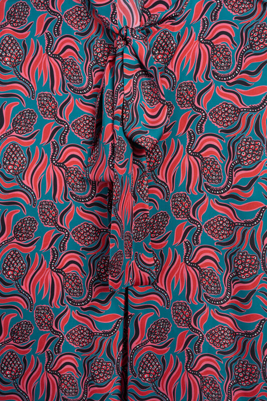 Pinecone Blossom Red-Petrol Neckline Tieback Twill Silk Dress - 2