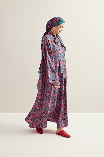 Pinecone Blossom Red-Petrol Neckline Tieback Twill Silk Dress - 5