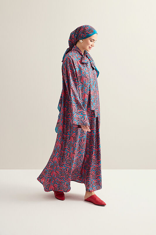 Pinecone Blossom Red-Petrol Neckline Tieback Twill Silk Dress - 5