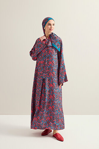 Pinecone Blossom Red-Petrol Neckline Tieback Twill Silk Dress 