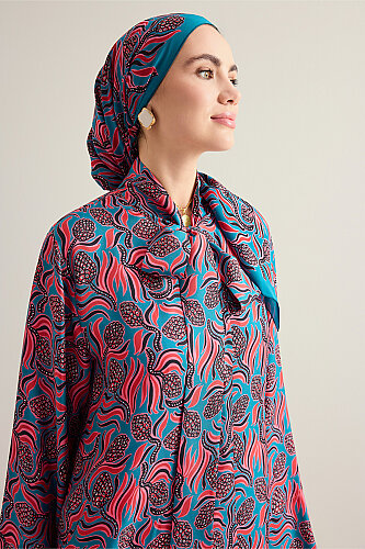 Pinecone Blossom Red-Petrol Neckline Tieback Twill Silk Dress - 3