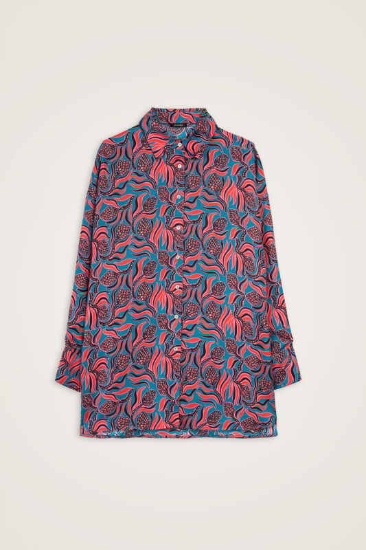Pinecone Blossom Red-Petrol Twill Silk Shirt - 1