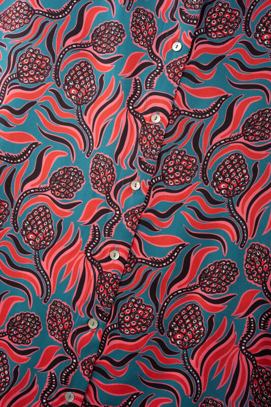 Pinecone Blossom Red-Petrol Twill Silk Shirt - 2