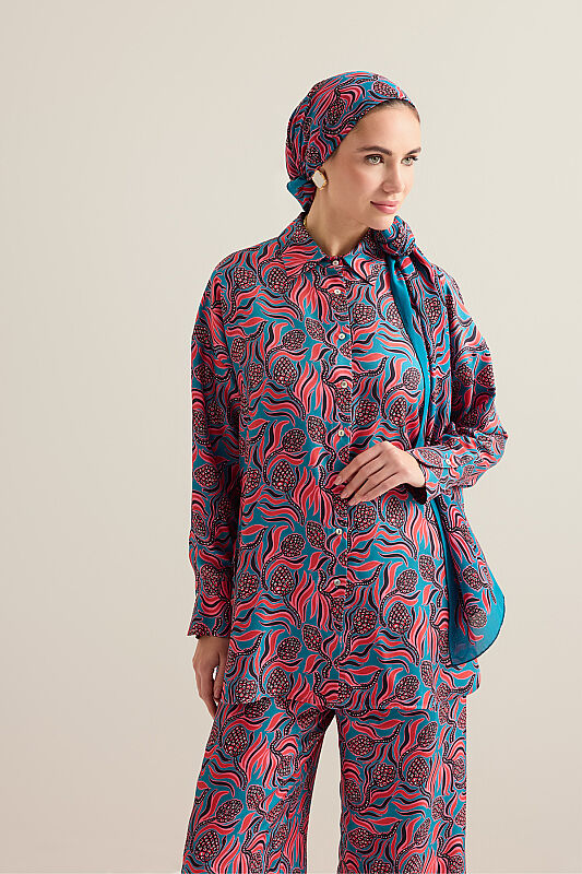 Pinecone Blossom Red-Petrol Twill Silk Shirt - 7