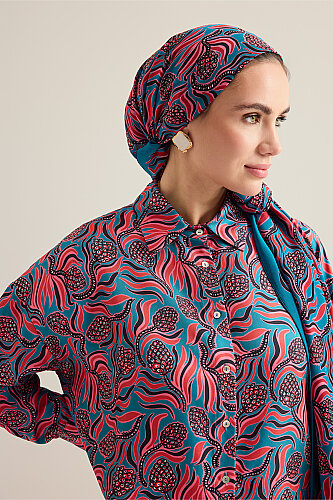 Pinecone Blossom Red-Petrol Twill Silk Shirt 