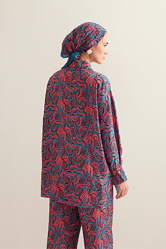 Pinecone Blossom Red-Petrol Twill Silk Shirt - 5