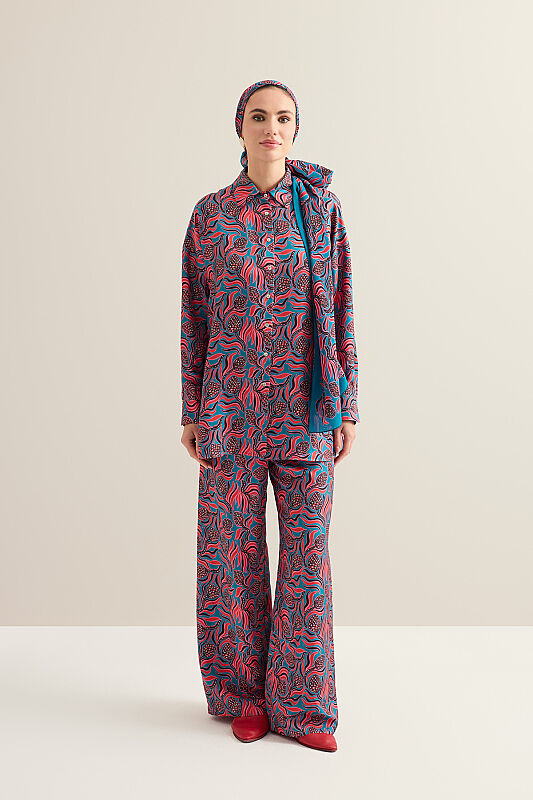 Pinecone Blossom Red-Petrol Twill Silk Shirt - 3