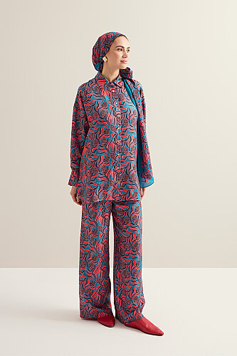 Pinecone Blossom Red-Petrol Twill Silk Trousers 