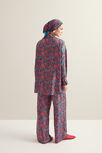 Pinecone Blossom Red-Petrol Twill Silk Trousers - 3