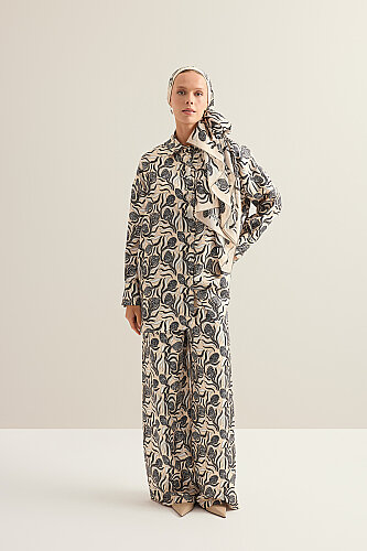 Pinecone Flower Cream-Gray Twill Silk Shirt - 3