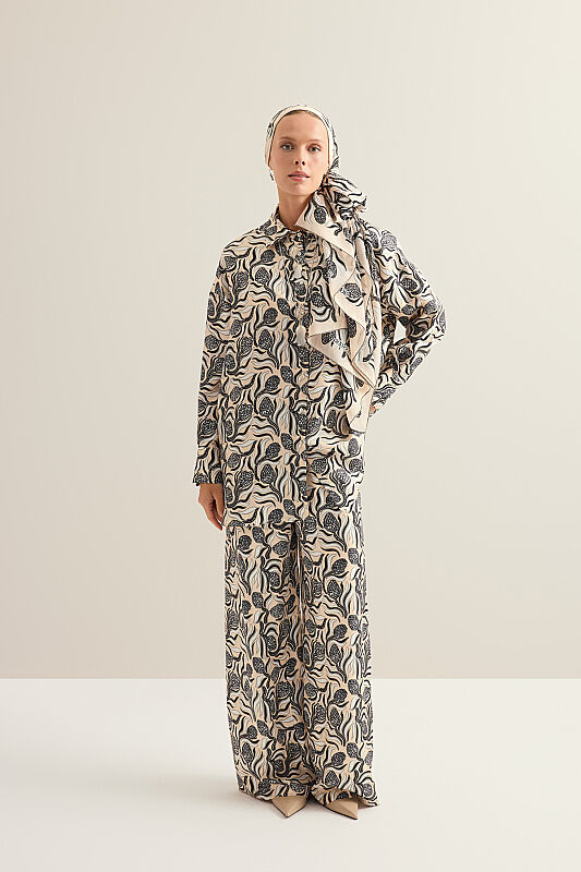 Pinecone Flower Cream-Gray Twill Silk Shirt - 3