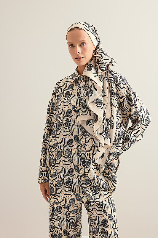 Pinecone Flower Cream-Gray Twill Silk Shirt - 1