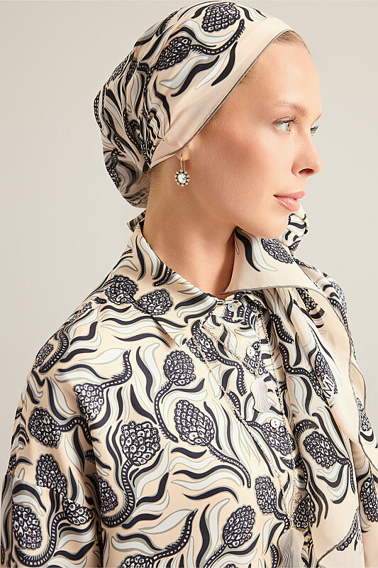 Pinecone Flower Cream-Gray Twill Silk Shirt - 5