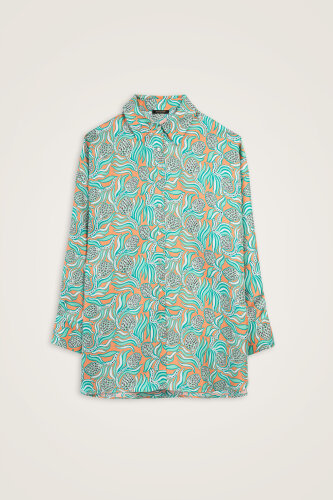 Pinecone Flower Salmon-Turquoise Twill Silk Shirt - 1