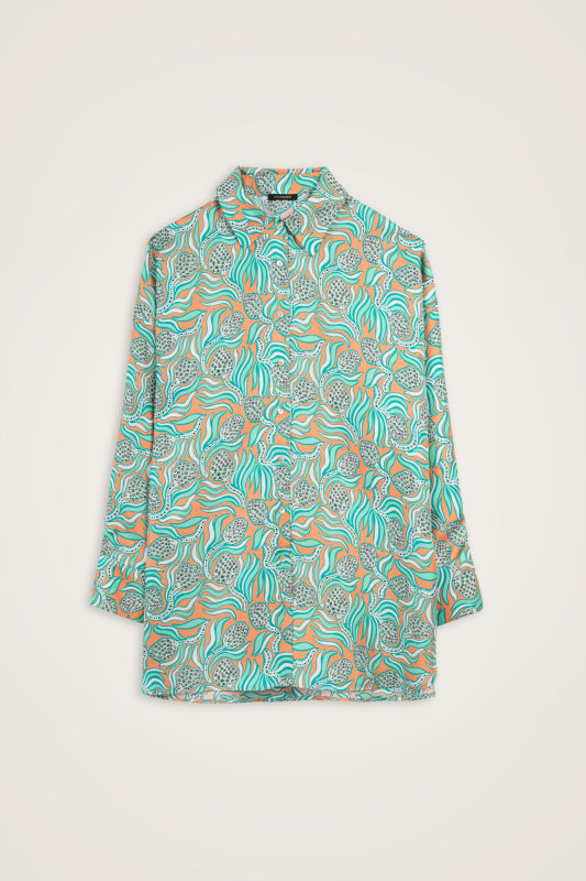 Pinecone Flower Salmon-Turquoise Twill Silk Shirt - 1