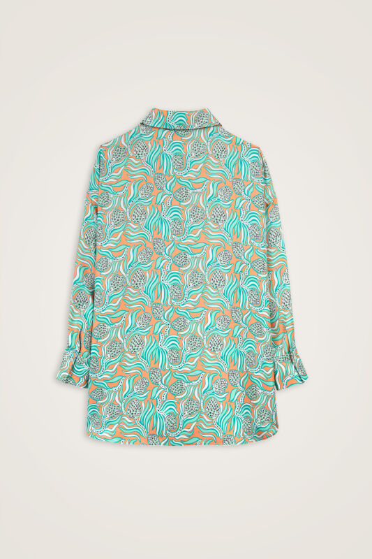 Pinecone Flower Salmon-Turquoise Twill Silk Shirt - 3